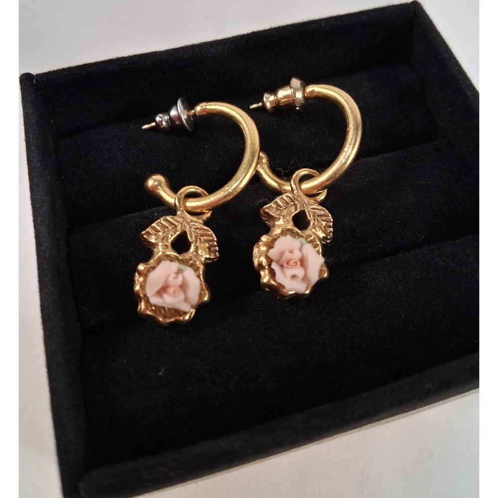 Vintage 1980's Gold Tone Hoop Earrings  Dangle Rose Buds Cottagecore Victorian